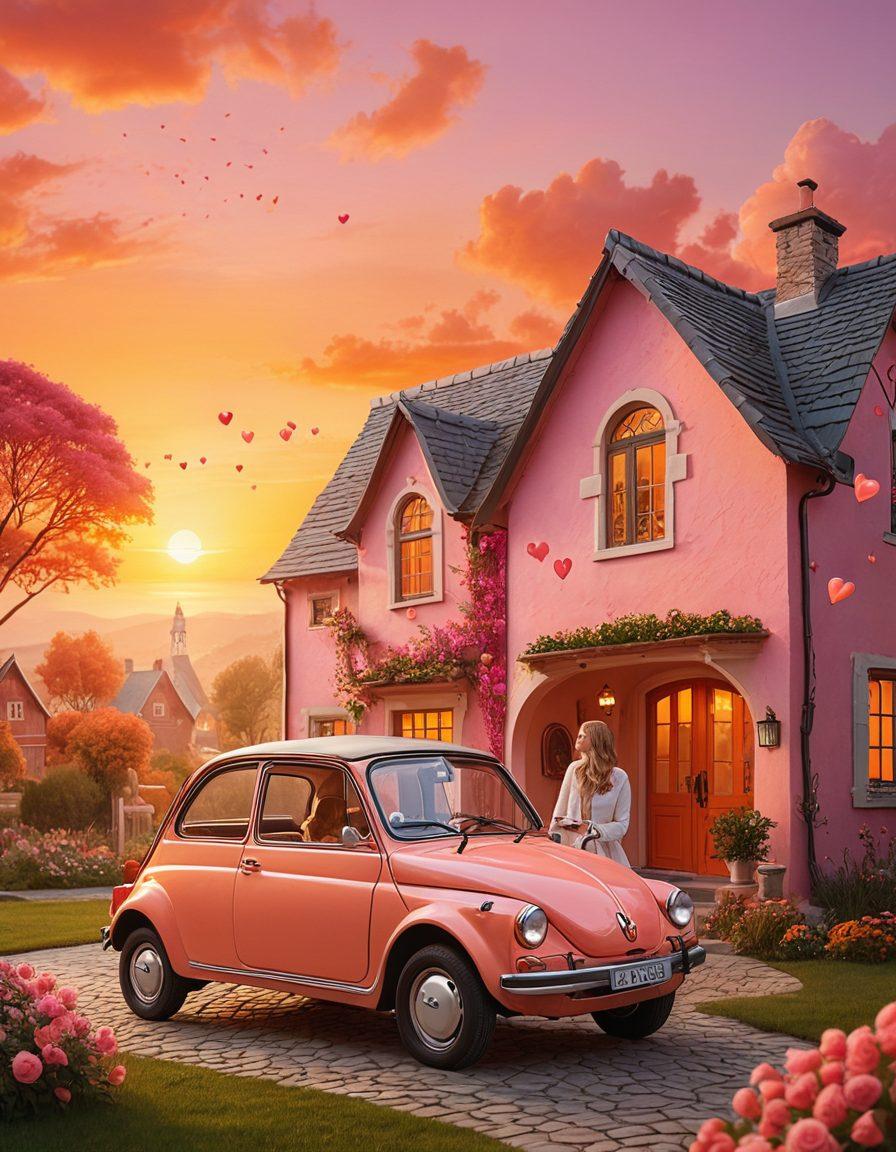 A romantic couple holding hands, surrounded by various insurance symbols like hearts, shields, and policy papers, all intertwined with elements representing life stages such as a house, a baby stroller, and a car. The background features a beautiful sunset symbolizing hope and unity, while soft colors create a warm atmosphere. super-realistic. vibrant colors. soft focus.