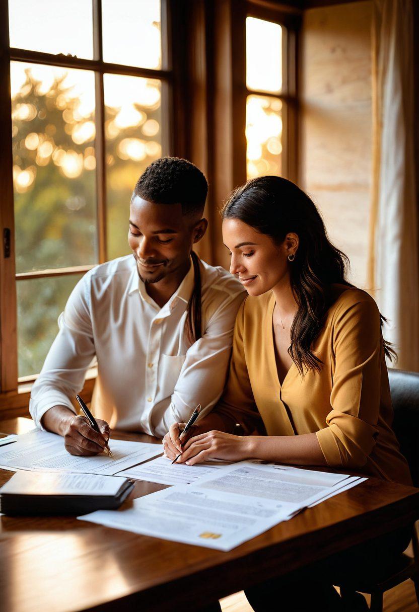 A couple sitting across a table, reviewing insurance documents together, with a warm, cozy atmosphere. Behind them, a large window reveals a beautiful sunset, symbolizing hope and partnership in life. Include visual elements like hearts and protection symbols subtly integrated into the decor. Illustrate comfort, collaboration, and positivity in their expressions. super-realistic. warm colors. soft focus.