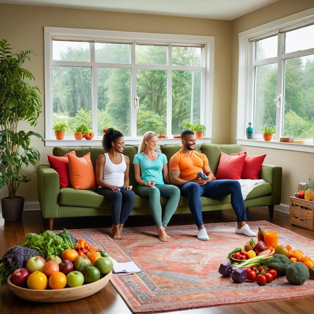 A happy couple enjoying their time together at home, surrounded by symbols of health like healthy foods, exercise equipment, and insurance documents. A warm and inviting living room setting emphasizes a sense of comfort and security. Include a contrasting background of nature to symbolize health and vitality. The scene should feel uplifting and reassuring. vibrant colors. warm tones. super-realistic.